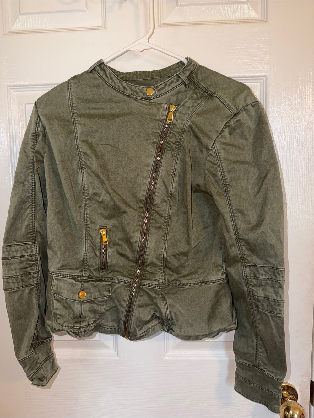 Bebe Olive Green Asymmetrical Zip Utility Jacket